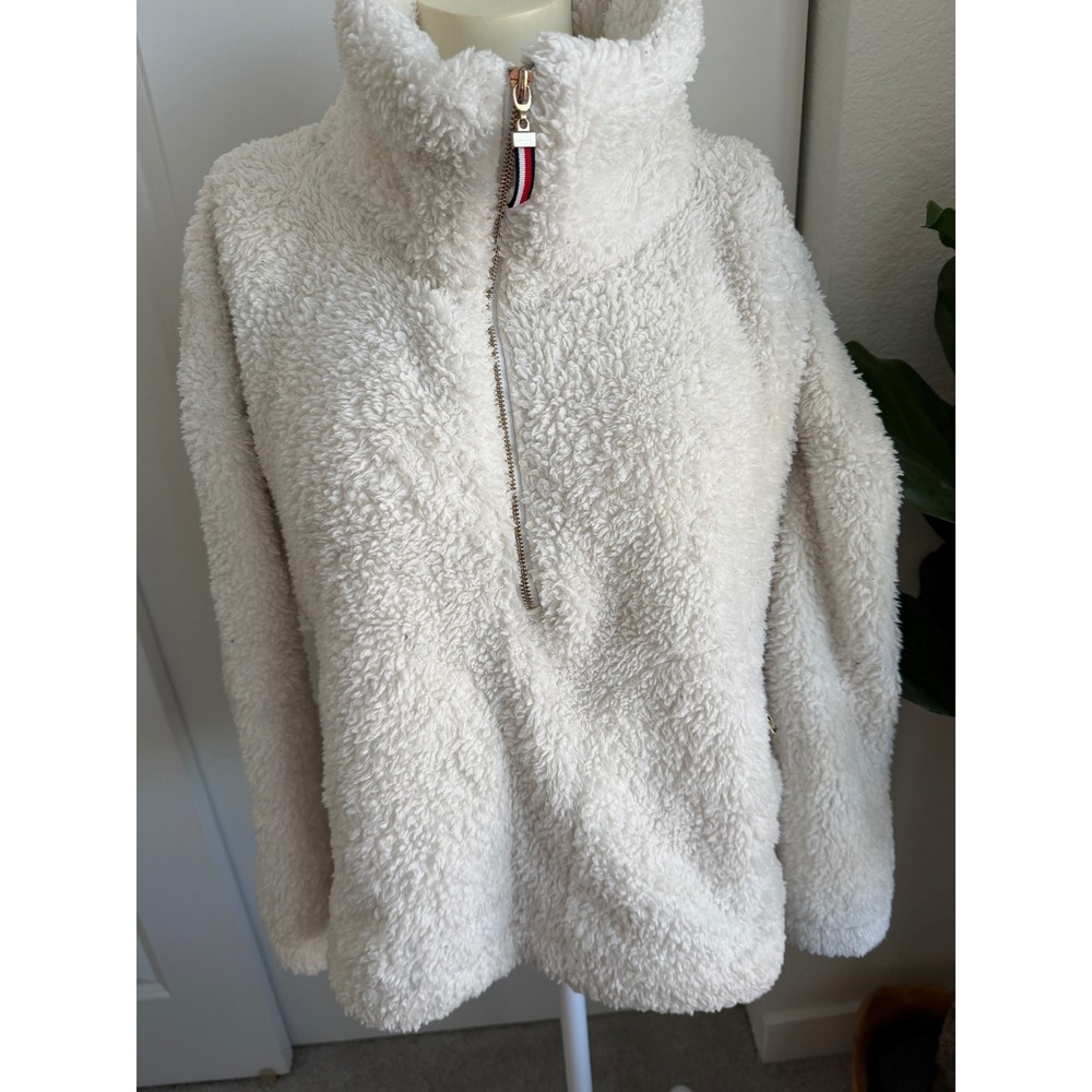 Tommy Hilfiger Womens Cream Teddy Fleece Quarter Zip Pullover Jacket Medium